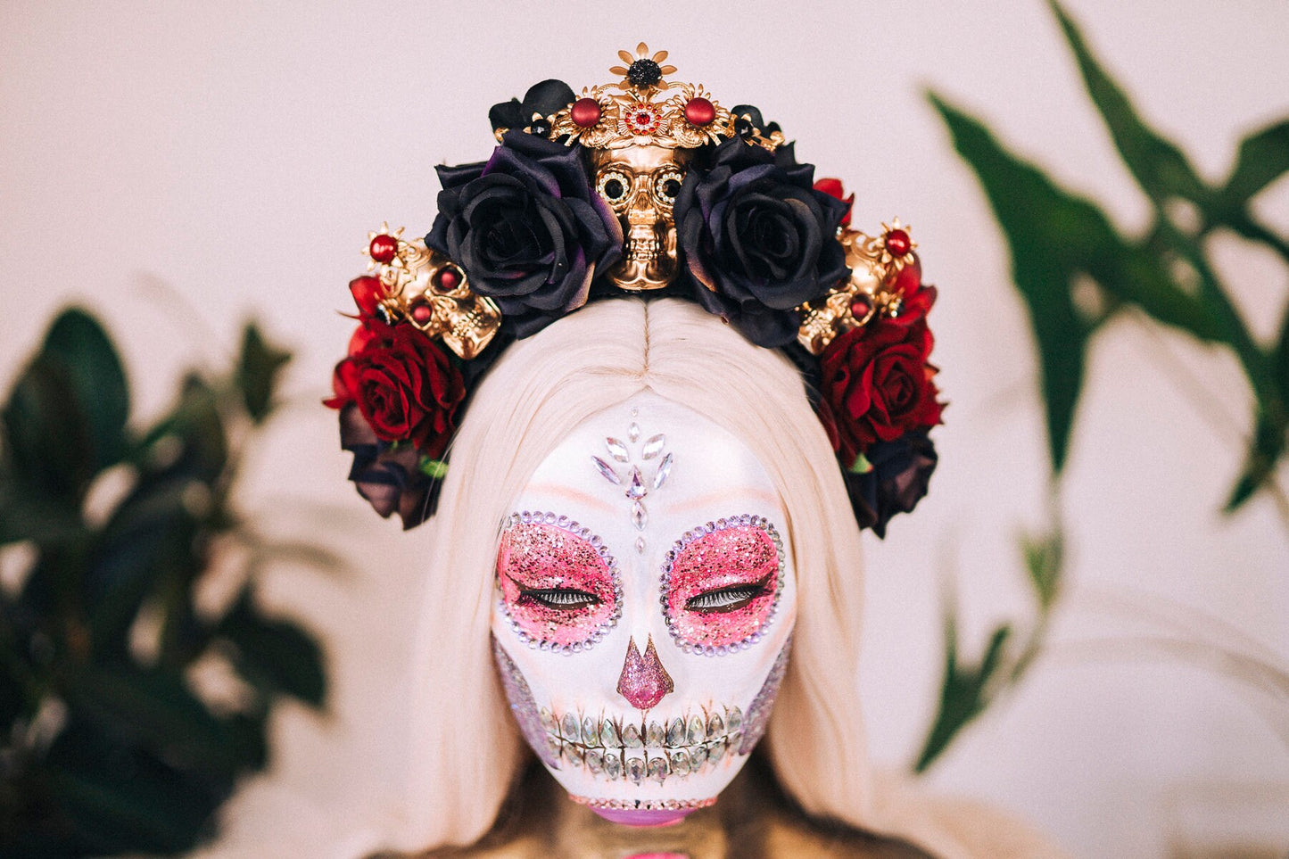 Red flower crown, Gold halo crown, La Catrina crown, Halloween headband, Halloween costume, Halloween headpiece, Flower headpiece, Spooky