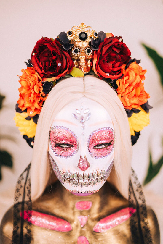 Red flower crown, Gold halo crown, La Catrina crown, Halloween headband, Halloween costume, Halloween headpiece, Flower headpiece, Spooky