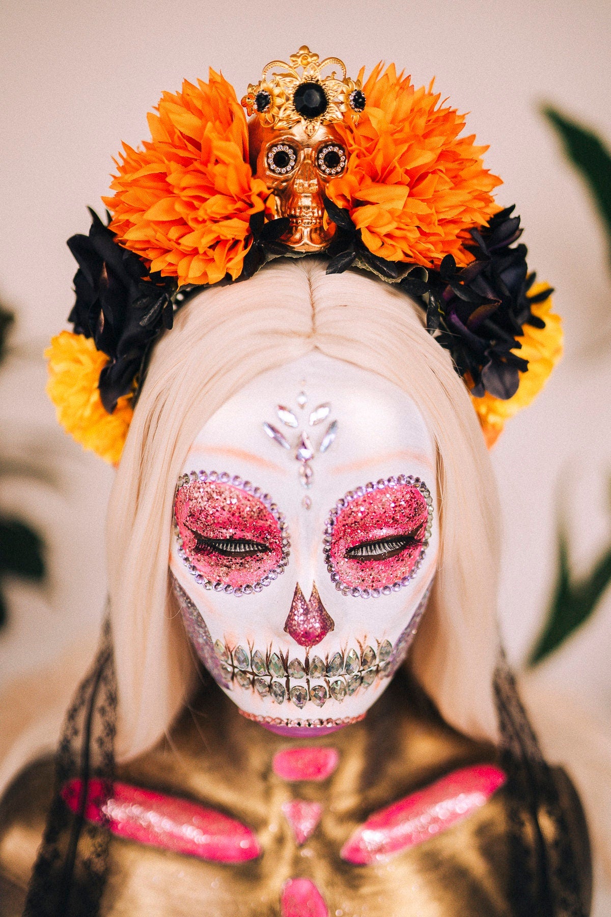 Orange flower crown, Gold halo crown, La Catrina crown, Halloween headband, Halloween costume, Halloween headpiece, Flower headpiece, Spooky