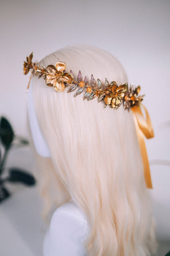 Gold flower crown, Christmas headband, Wedding crown, Bridal headpiece, Wedding headpiece, Bridal crown, New Year&#39;s Eve, Xmas party, Boho