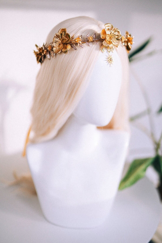 Gold flower crown, Christmas headband, Wedding crown, Bridal headpiece, Wedding headpiece, Bridal crown, New Year&#39;s Eve, Xmas party, Boho