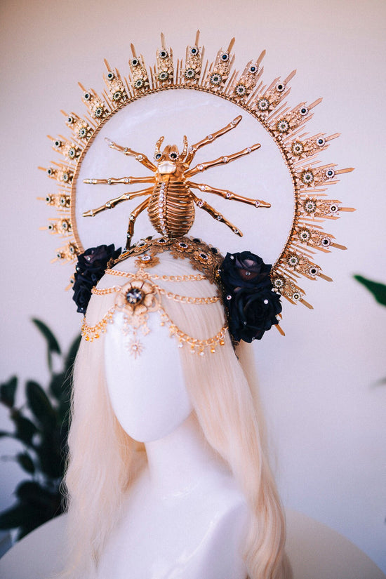 Halloween costume, Halloween headband, Halloween headpiece, Day of the Dead, La Catrina crown, Sugar skull, Spider crown, Gold halo crown