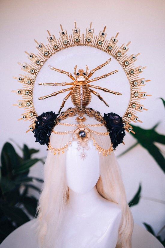 Halloween costume, Halloween headband, Halloween headpiece, Day of the Dead, La Catrina crown, Sugar skull, Spider crown, Gold halo crown