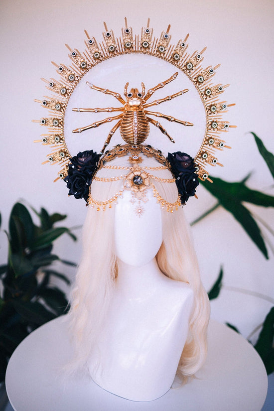 Halloween costume, Halloween headband, Halloween headpiece, Day of the Dead, La Catrina crown, Sugar skull, Spider crown, Gold halo crown