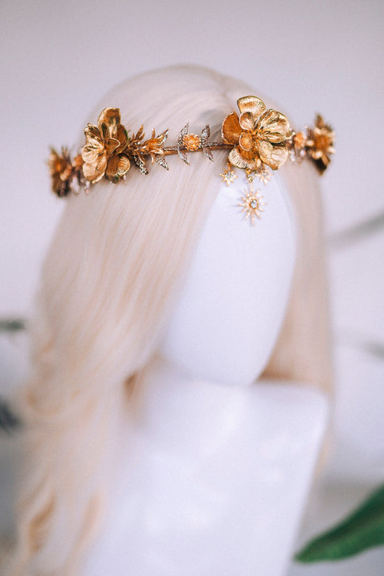 Gold flower crown, Christmas headband, Wedding crown, Bridal headpiece, Wedding headpiece, Bridal crown, New Year&#39;s Eve, Xmas party, Boho