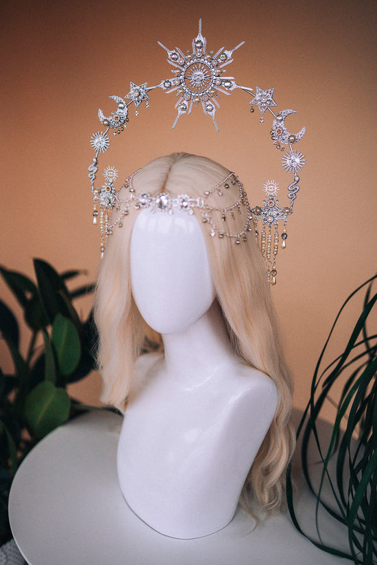 Silver sun crown, Moon crown, Halo Headpiece, Bridal Jewellery, Wedding hair accessories, Bridal headpiece, Wedding crown, Fairy crown