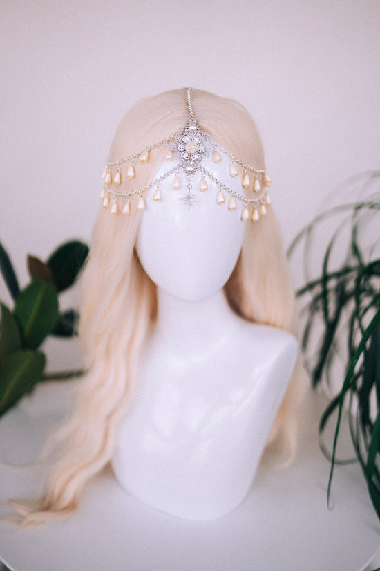 Celestial jewellery, Chain Headband, Festival Headpiece, Pearl Crown, Wedding crown, Bridal headpiece, Bridal crown, Hair accessories, Boho