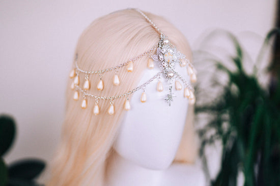 Celestial jewellery, Chain Headband, Festival Headpiece, Pearl Crown, Wedding crown, Bridal headpiece, Bridal crown, Hair accessories, Boho