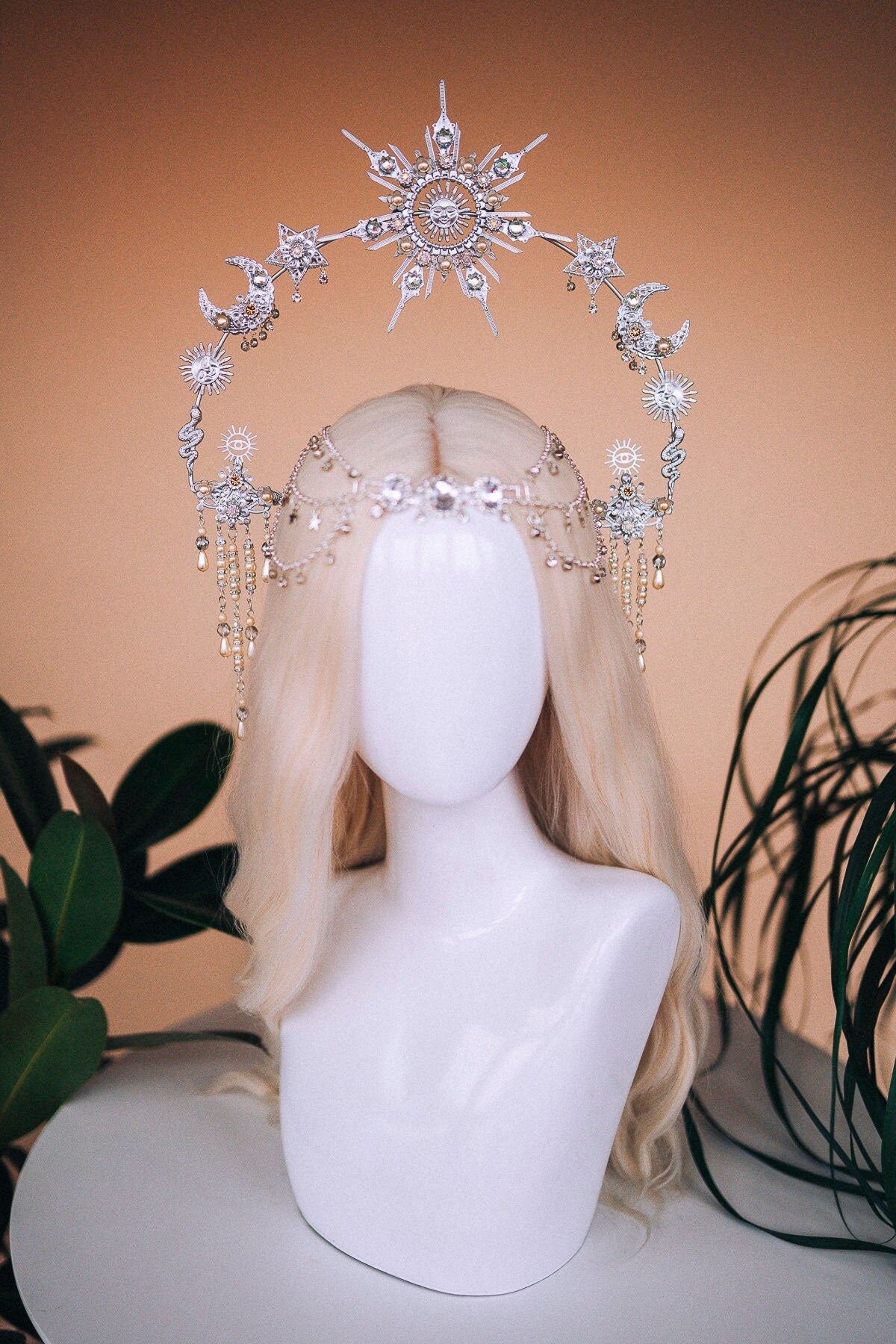 Silver sun crown, Moon crown, Halo Headpiece, Bridal Jewellery, Wedding hair accessories, Bridal headpiece, Wedding crown, Fairy crown