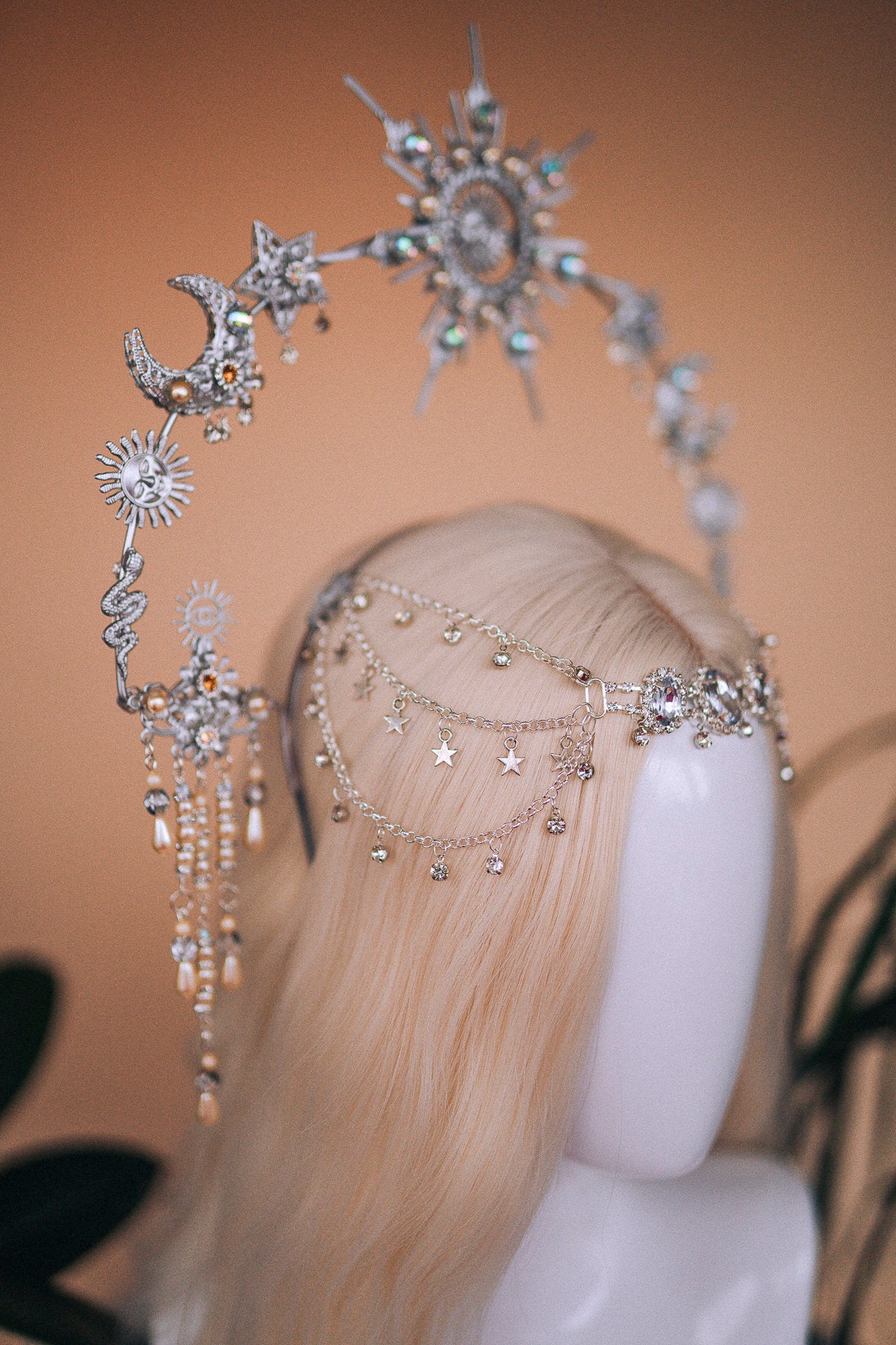 Silver sun crown, Moon crown, Halo Headpiece, Bridal Jewellery, Wedding hair accessories, Bridal headpiece, Wedding crown, Fairy crown