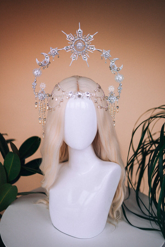 Silver sun crown, Moon crown, Halo Headpiece, Bridal Jewellery, Wedding hair accessories, Bridal headpiece, Wedding crown, Fairy crown