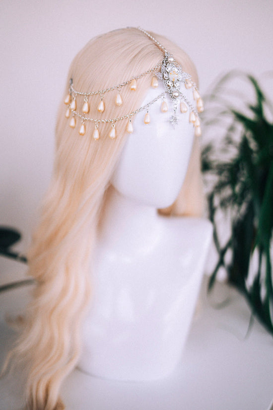 Celestial jewellery, Chain Headband, Festival Headpiece, Pearl Crown, Wedding crown, Bridal headpiece, Bridal crown, Hair accessories, Boho