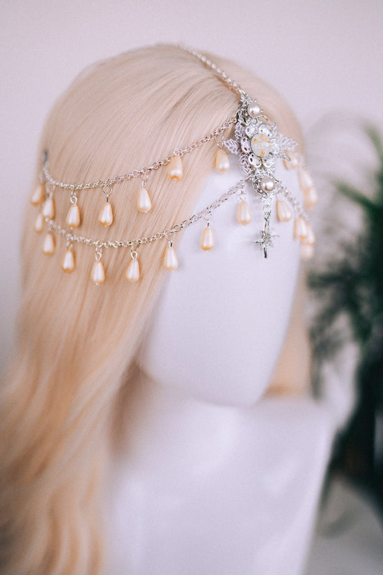 Celestial jewellery, Chain Headband, Festival Headpiece, Pearl Crown, Wedding crown, Bridal headpiece, Bridal crown, Hair accessories, Boho