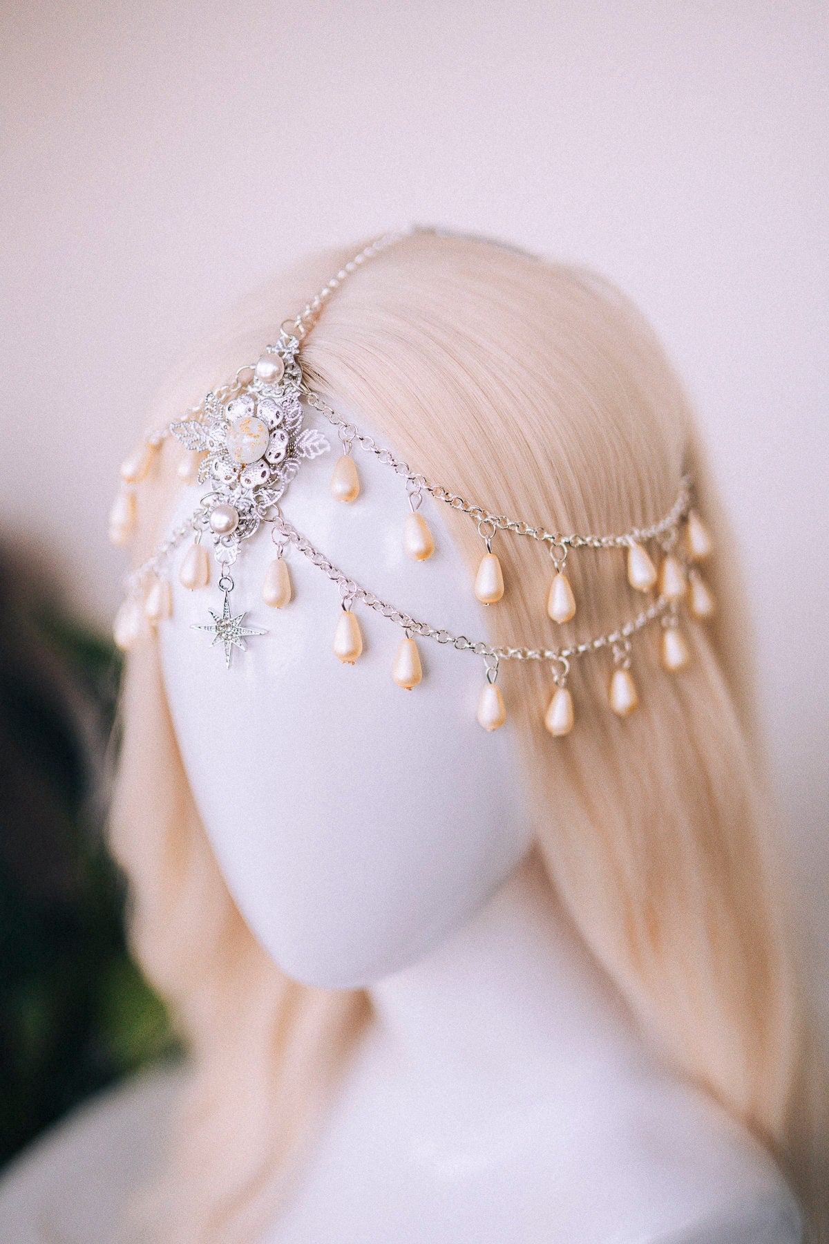 Celestial jewellery, Chain Headband, Festival Headpiece, Pearl Crown, Wedding crown, Bridal headpiece, Bridal crown, Hair accessories, Boho