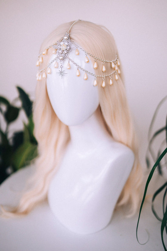 Celestial jewellery, Chain Headband, Festival Headpiece, Pearl Crown, Wedding crown, Bridal headpiece, Bridal crown, Hair accessories, Boho