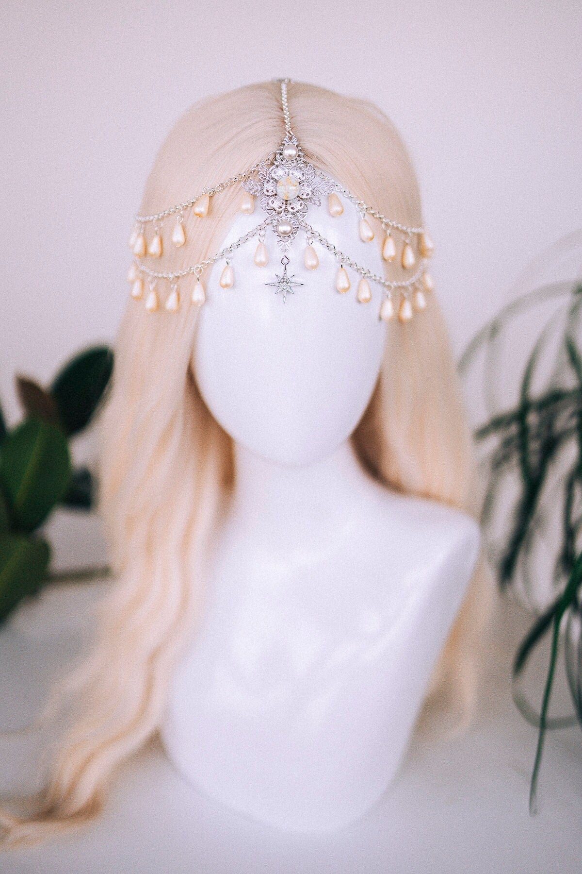 Celestial jewellery, Chain Headband, Festival Headpiece, Pearl Crown, Wedding crown, Bridal headpiece, Bridal crown, Hair accessories, Boho