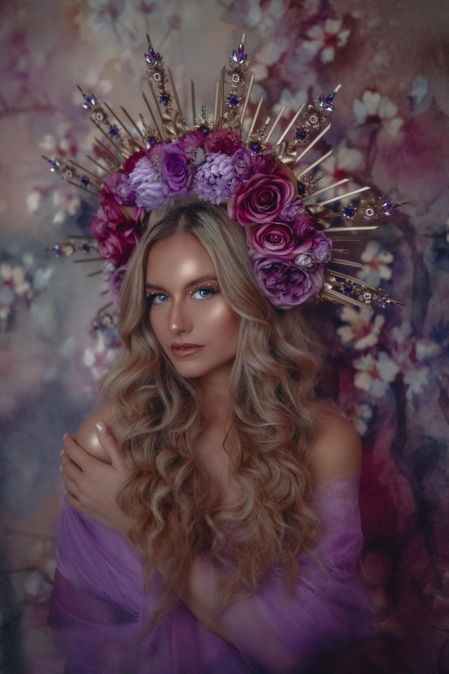 Purple flower halo crown, Purple crown, Purple flower crown, Gold halo crown, Goddess crown, Flower headband, Flower headpiece, Tiara