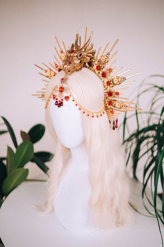 Chinese New Year, Red dragon crown, Flower headband, Flower headpiece, Dracarys, Halloween costume, Year of the Wood Dragon, Dragon headband