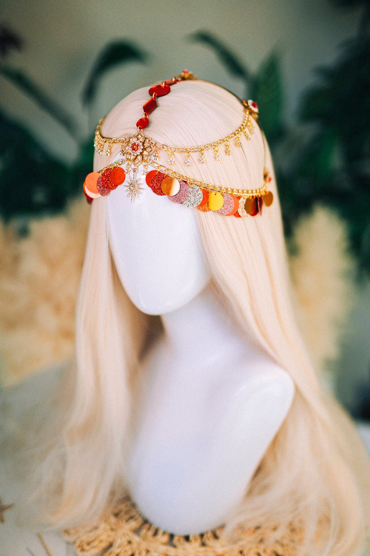 Gold chain headband, Festival headpiece, Boho festival jewellery, Red festival crown, Sequin jewellery, Festival headband, Festival crown