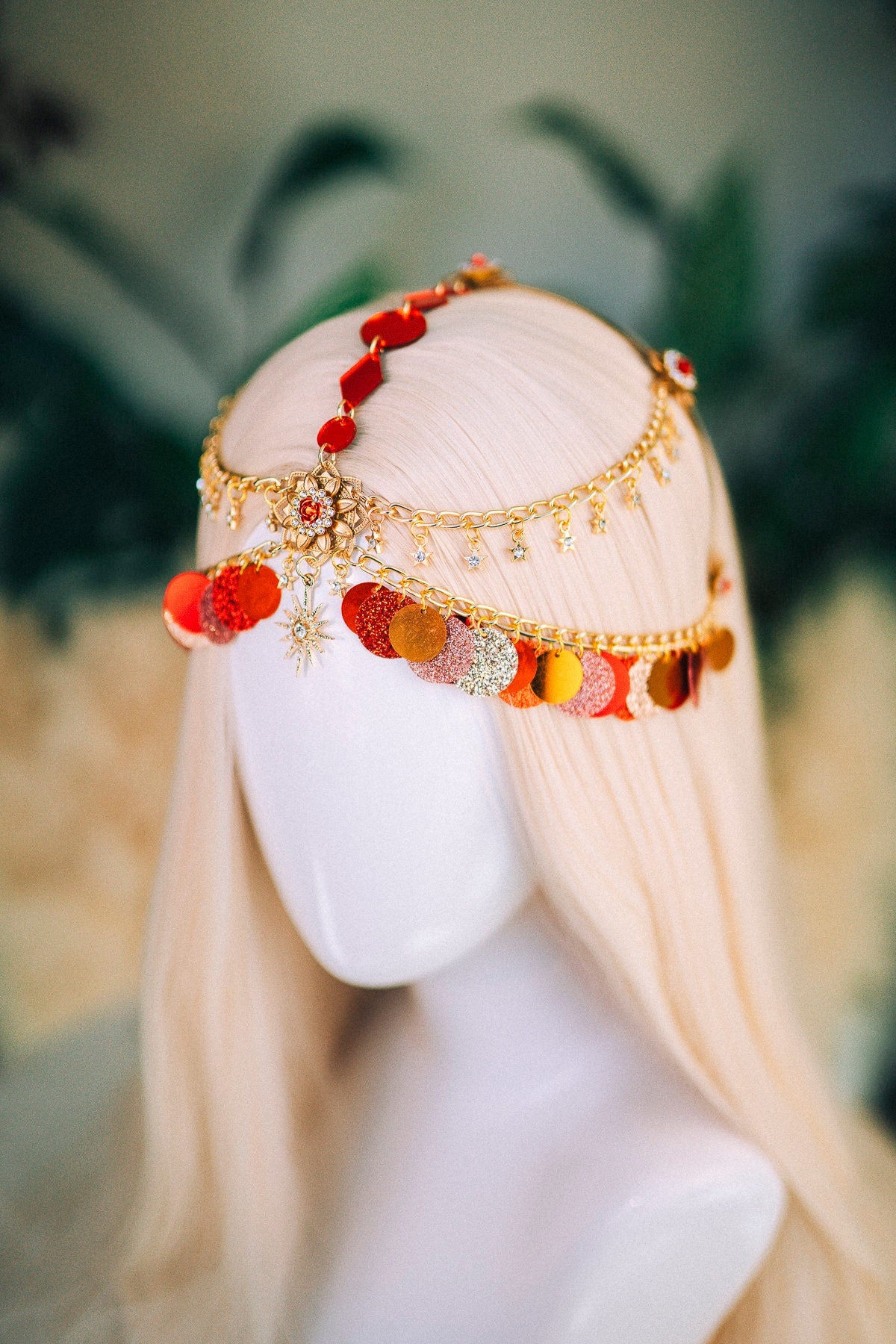 Gold chain headband, Festival headpiece, Boho festival jewellery, Red festival crown, Sequin jewellery, Festival headband, Festival crown