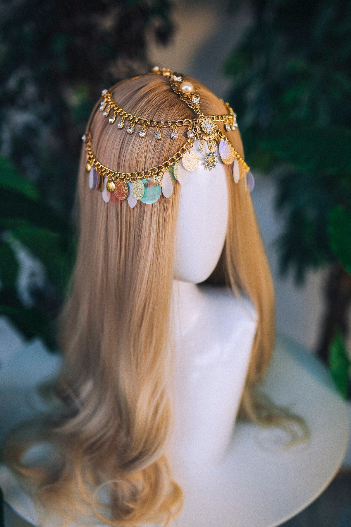 Gold chain headband, Festival headpiece, Boho festival jewellery, Gold festival crown, Sequin jewellery, Festival headband, Festival crown