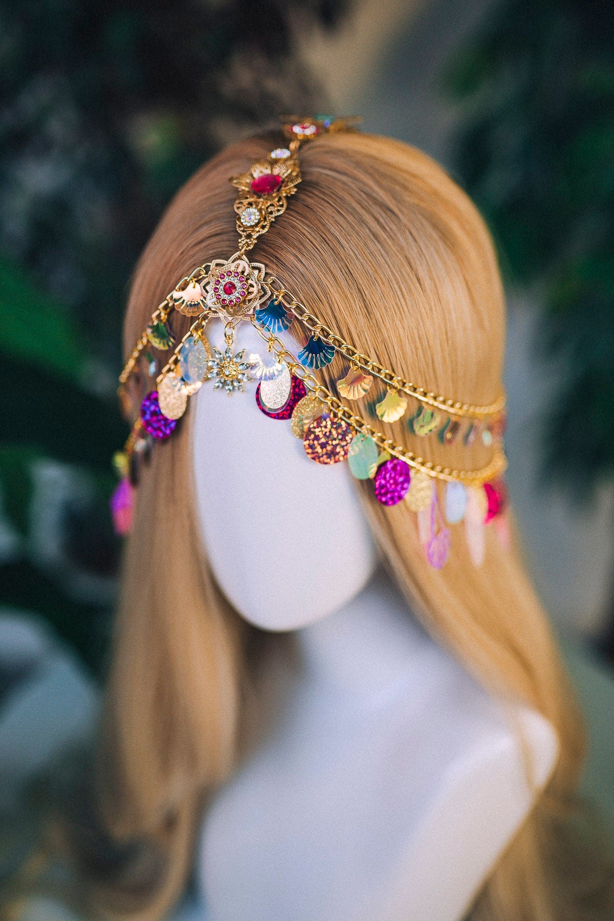 Gold chain headband, Festival headpiece, Boho festival jewellery, Pink festival crown, Sequin jewellery, Holographic crown, Festival crown