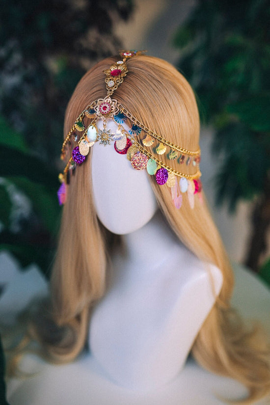 Gold chain headband, Festival headpiece, Boho festival jewellery, Pink festival crown, Sequin jewellery, Holographic crown, Festival crown