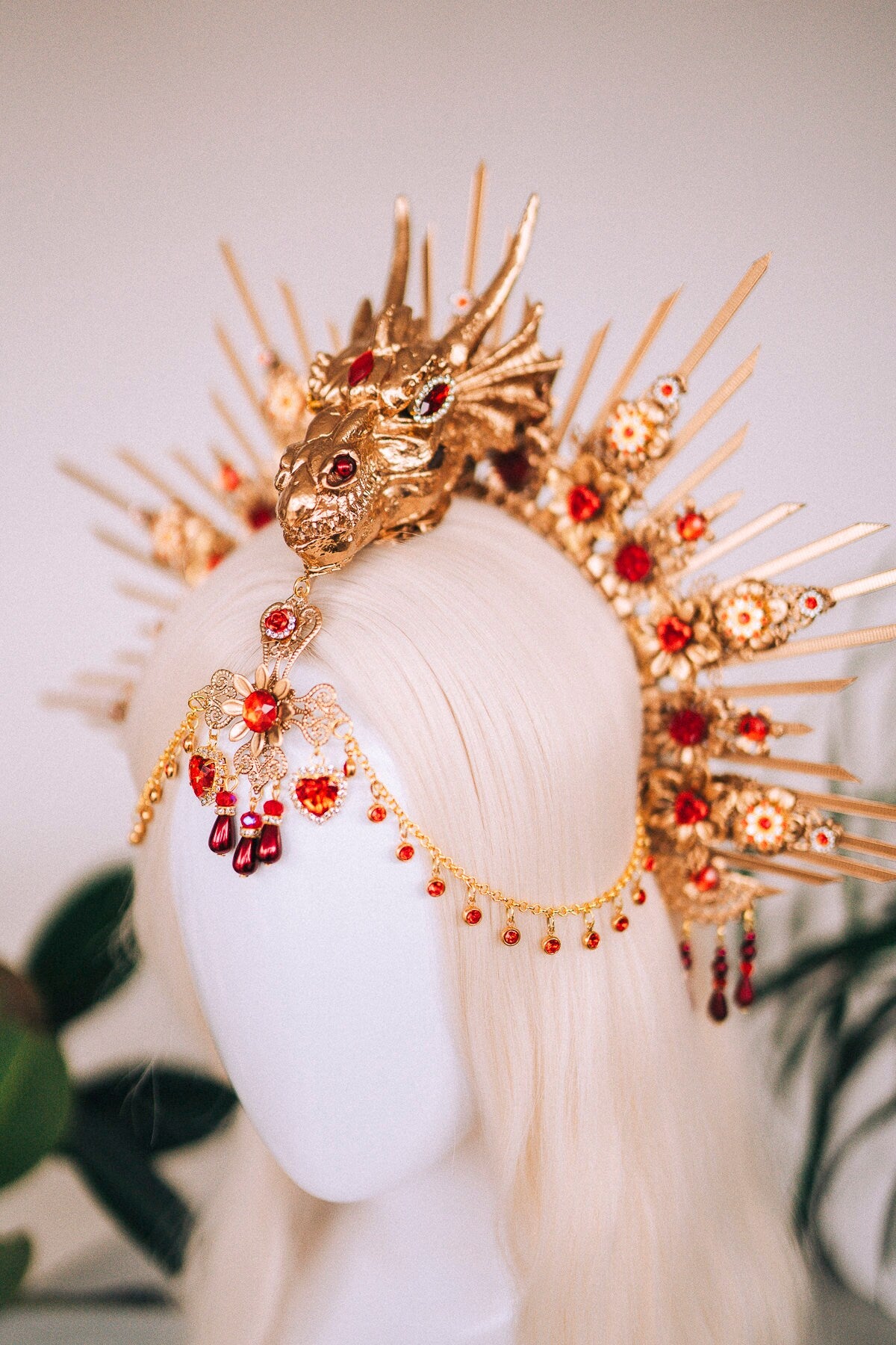 Chinese New Year, Red dragon crown, Flower headband, Flower headpiece, Dracarys, Halloween costume, Year of the Wood Dragon, Dragon headband