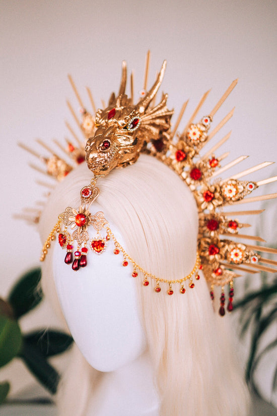 Chinese New Year, Red dragon crown, Flower headband, Flower headpiece, Dracarys, Halloween costume, Year of the Wood Dragon, Dragon headband