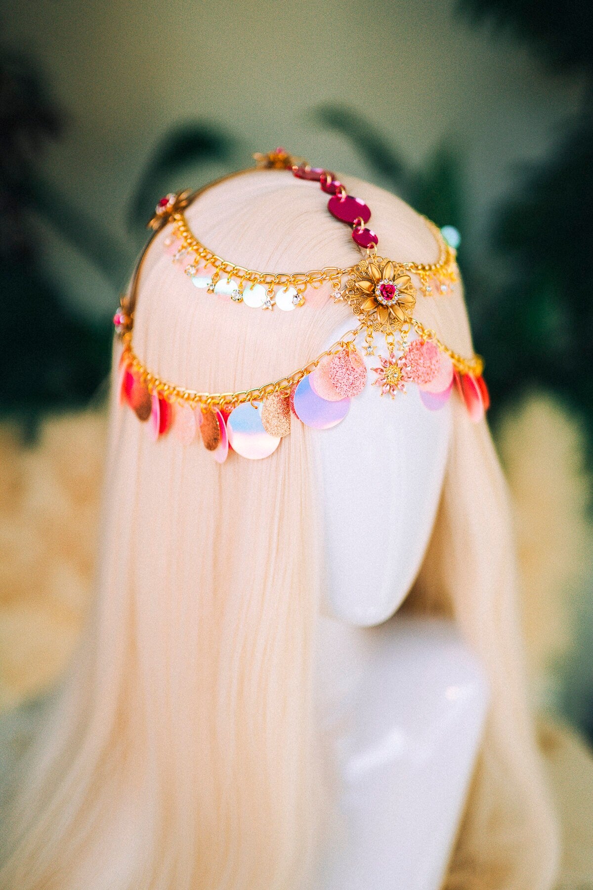 Gold chain headband, Festival headpiece, Boho festival jewellery, Pink festival crown, Sequin jewellery, Festival headband, Festival crown