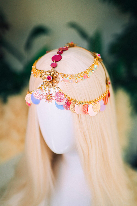 Gold chain headband, Festival headpiece, Boho festival jewellery, Pink festival crown, Sequin jewellery, Festival headband, Festival crown