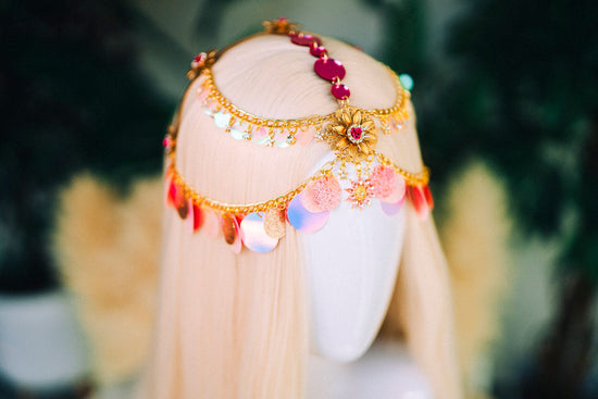 Gold chain headband, Festival headpiece, Boho festival jewellery, Pink festival crown, Sequin jewellery, Festival headband, Festival crown