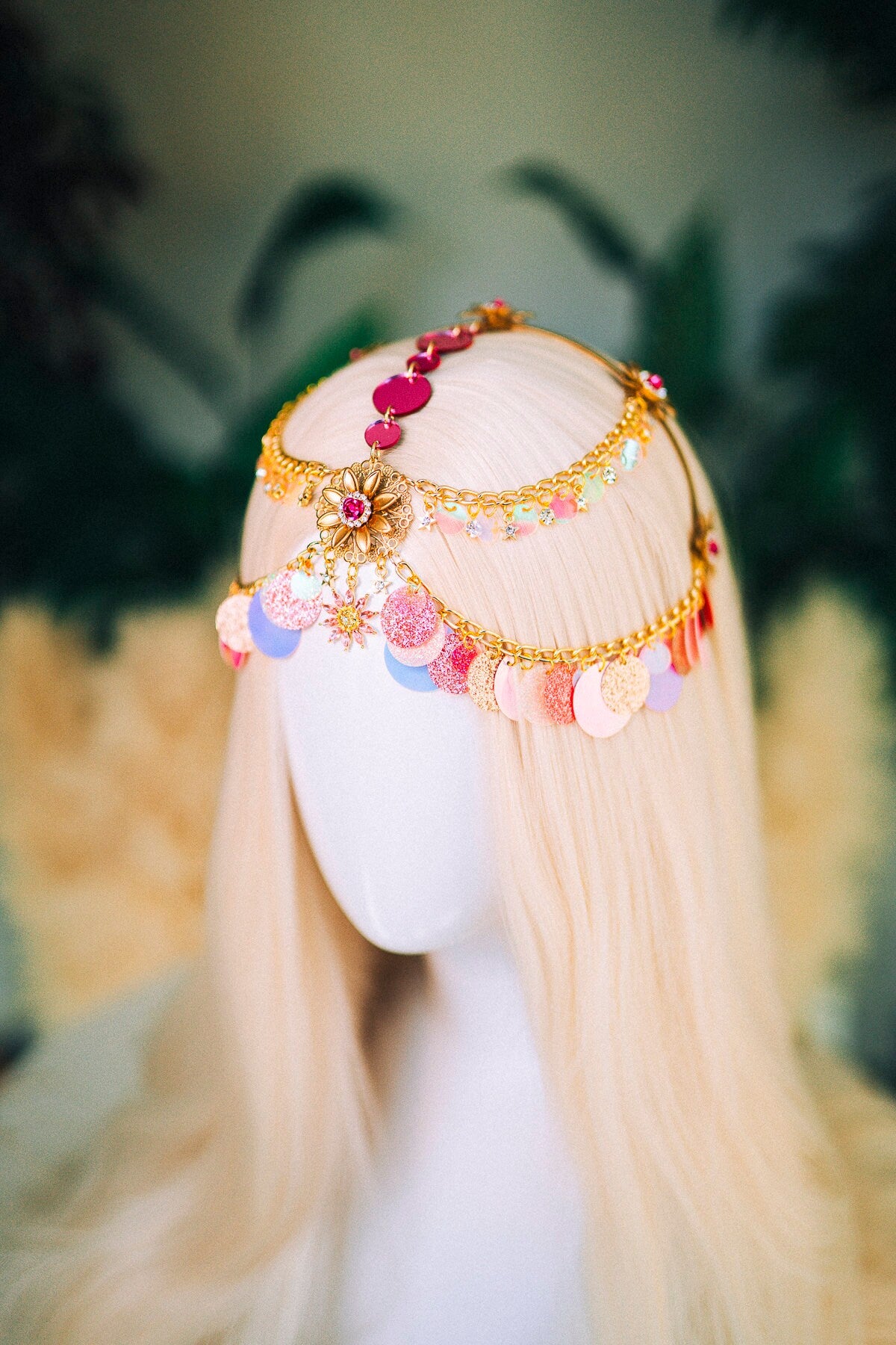 Gold chain headband, Festival headpiece, Boho festival jewellery, Pink festival crown, Sequin jewellery, Festival headband, Festival crown