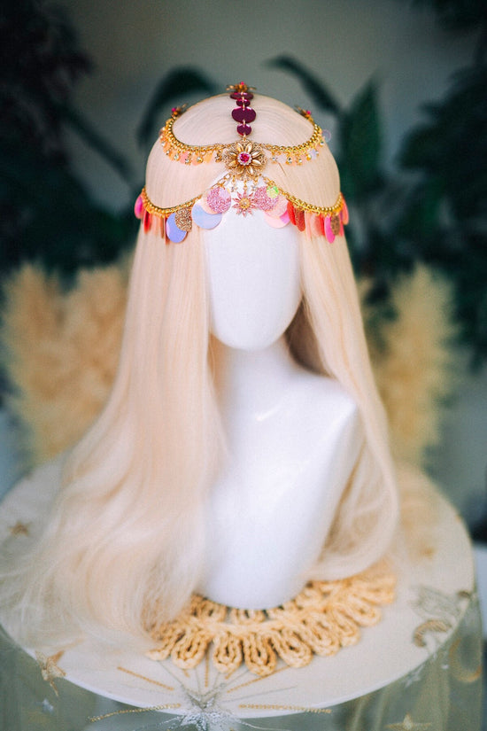 Gold chain headband, Festival headpiece, Boho festival jewellery, Pink festival crown, Sequin jewellery, Festival headband, Festival crown