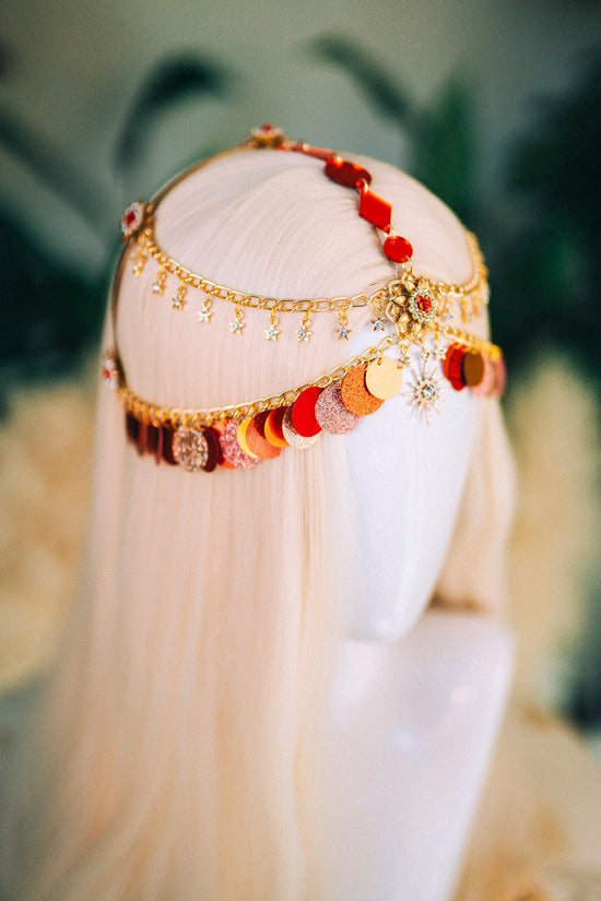 Gold chain headband, Festival headpiece, Boho festival jewellery, Red festival crown, Sequin jewellery, Festival headband, Festival crown