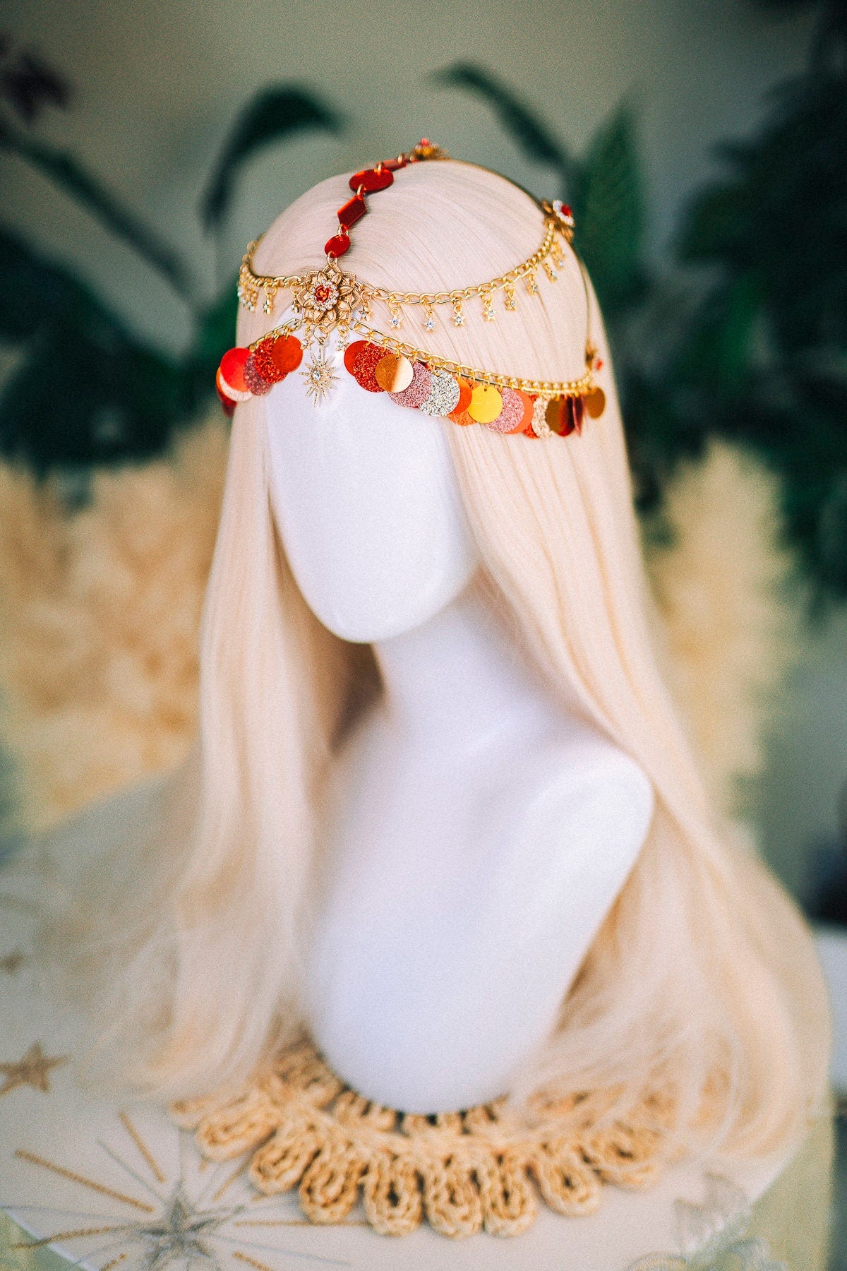 Gold chain headband, Festival headpiece, Boho festival jewellery, Red festival crown, Sequin jewellery, Festival headband, Festival crown