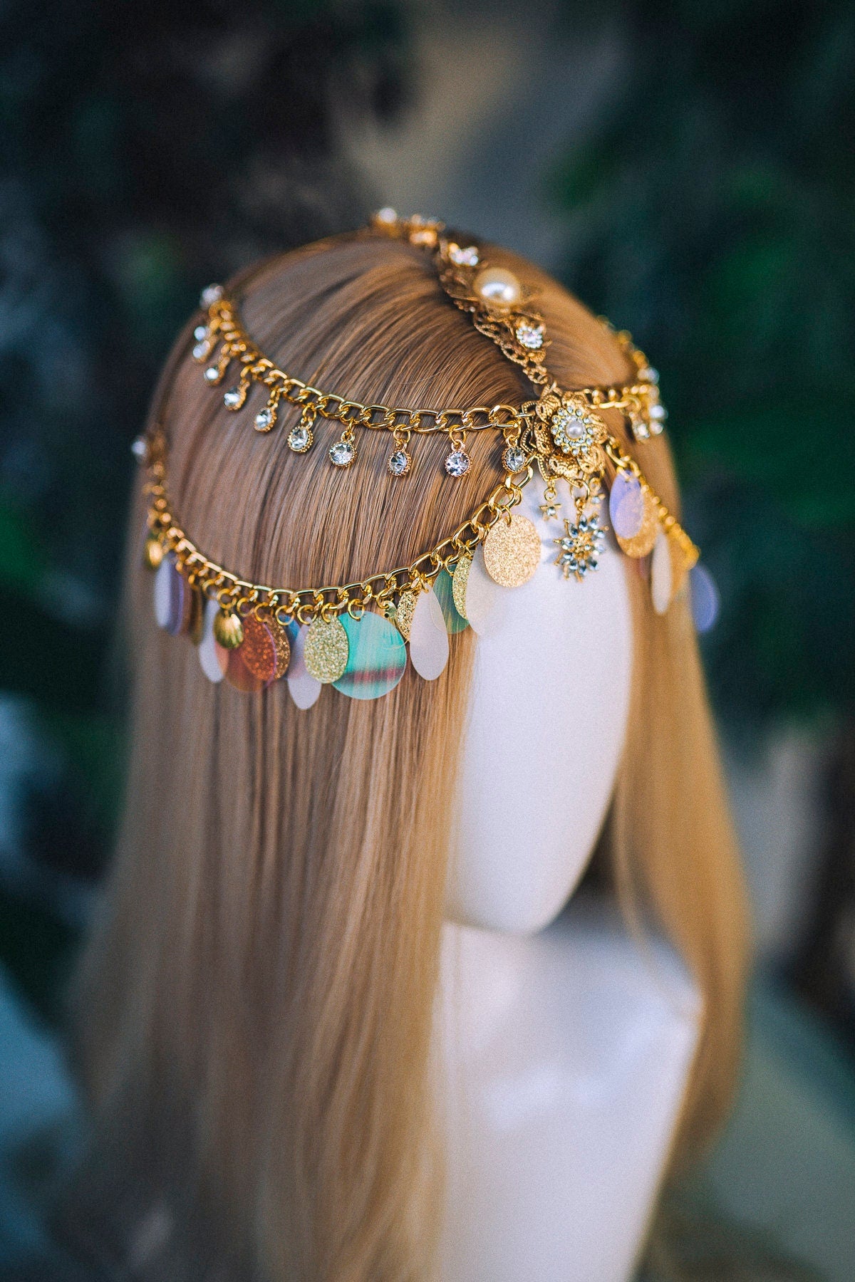 Gold chain headband, Festival headpiece, Boho festival jewellery, Gold festival crown, Sequin jewellery, Festival headband, Festival crown