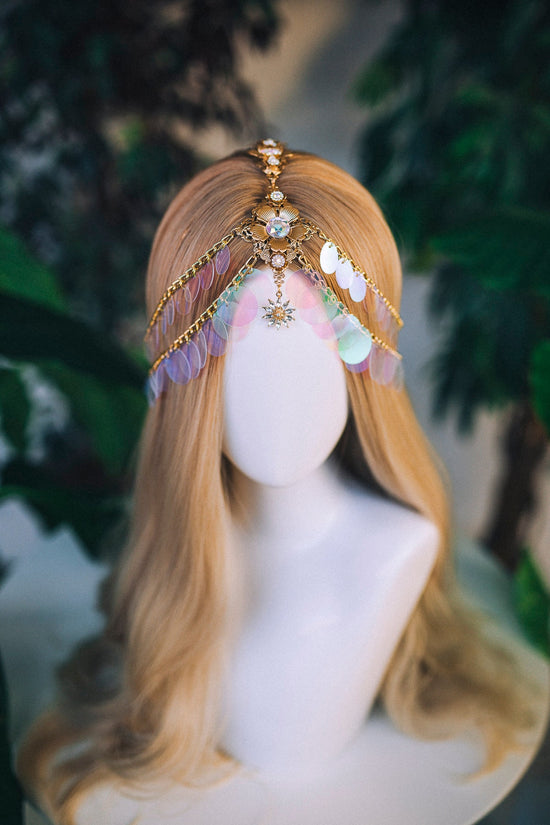 Gold chain headband, Festival headpiece, Boho festival jewellery, Gold festival crown, Sequin jewellery, Holographic crown, Festival crown