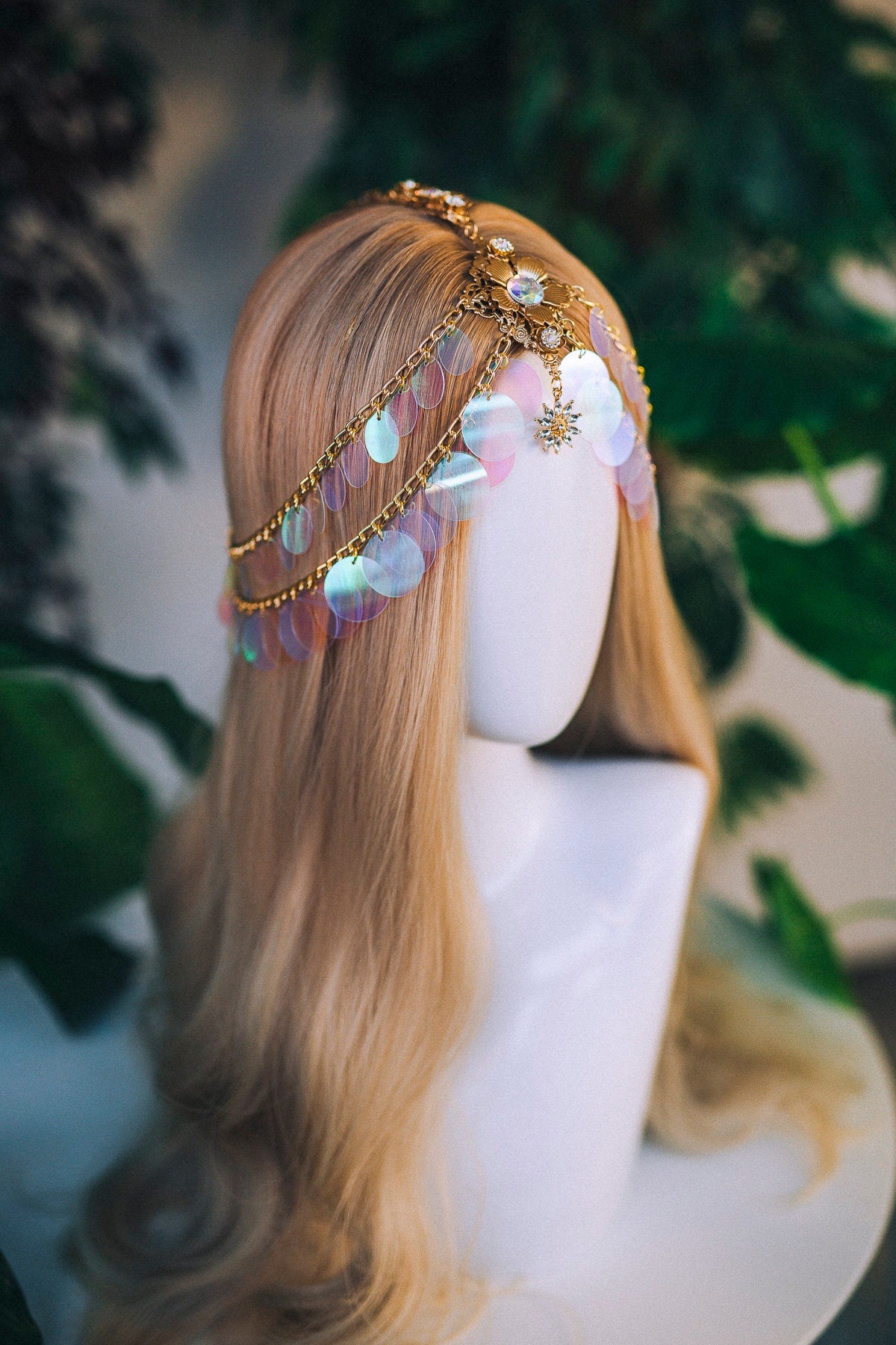 Gold chain headband, Festival headpiece, Boho festival jewellery, Gold festival crown, Sequin jewellery, Holographic crown, Festival crown