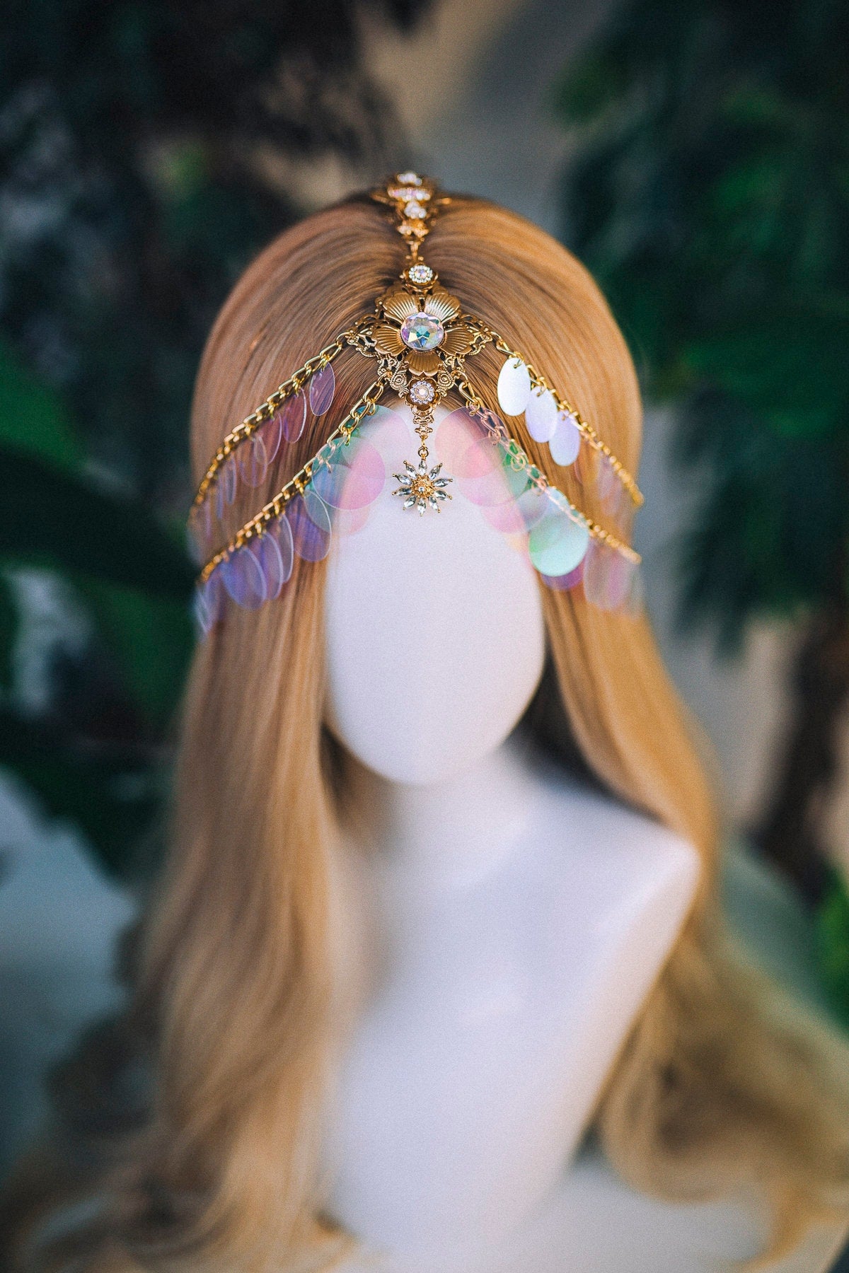 Gold chain headband, Festival headpiece, Boho festival jewellery, Gold festival crown, Sequin jewellery, Holographic crown, Festival crown