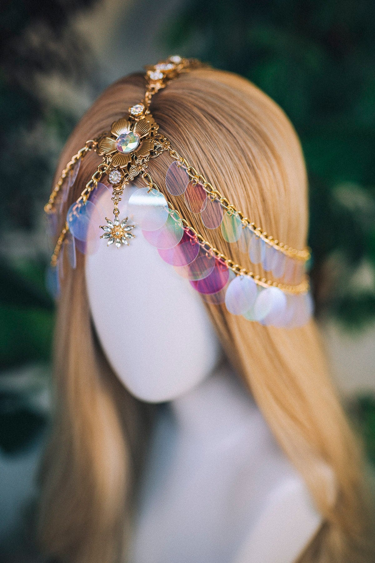 Gold chain headband, Festival headpiece, Boho festival jewellery, Gold festival crown, Sequin jewellery, Holographic crown, Festival crown