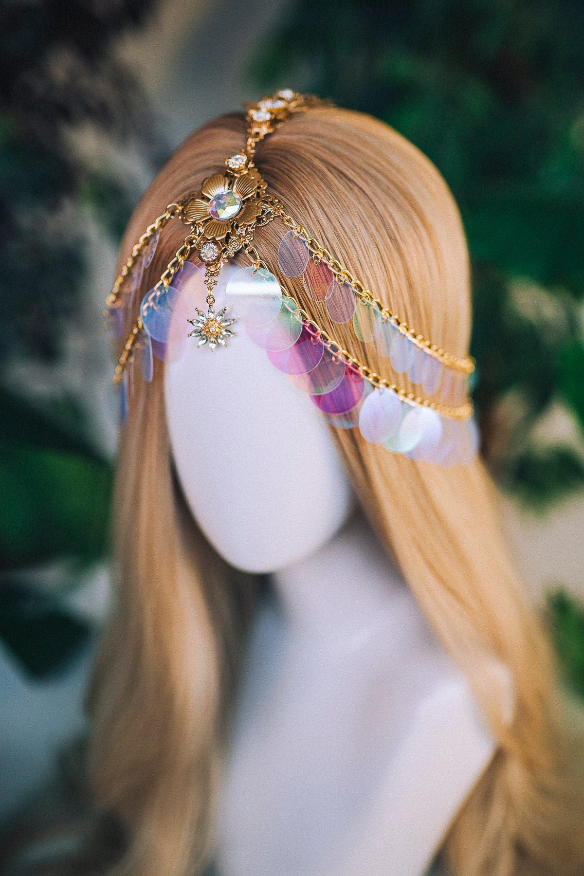 Gold chain headband, Festival headpiece, Boho festival jewellery, Gold festival crown, Sequin jewellery, Holographic crown, Festival crown