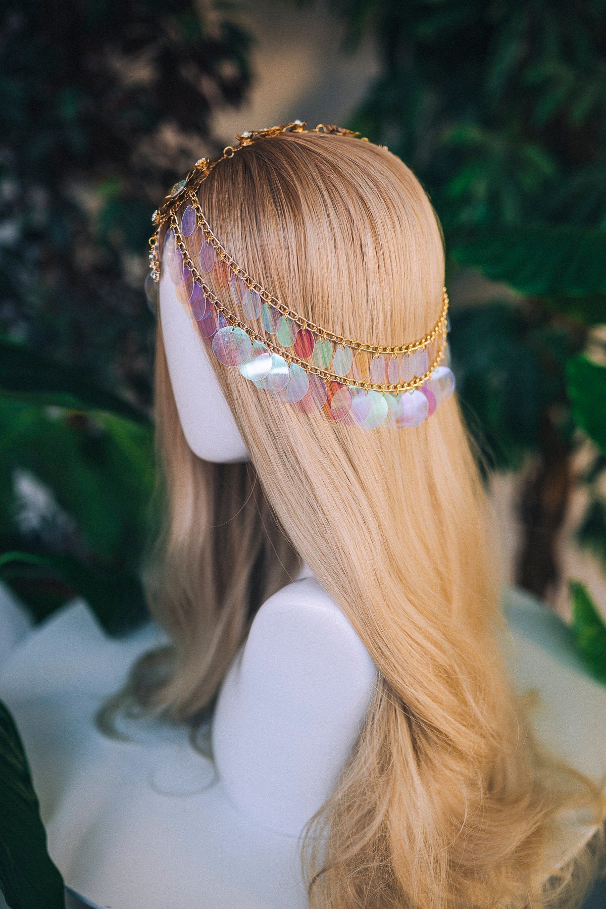 Gold chain headband, Festival headpiece, Boho festival jewellery, Gold festival crown, Sequin jewellery, Holographic crown, Festival crown