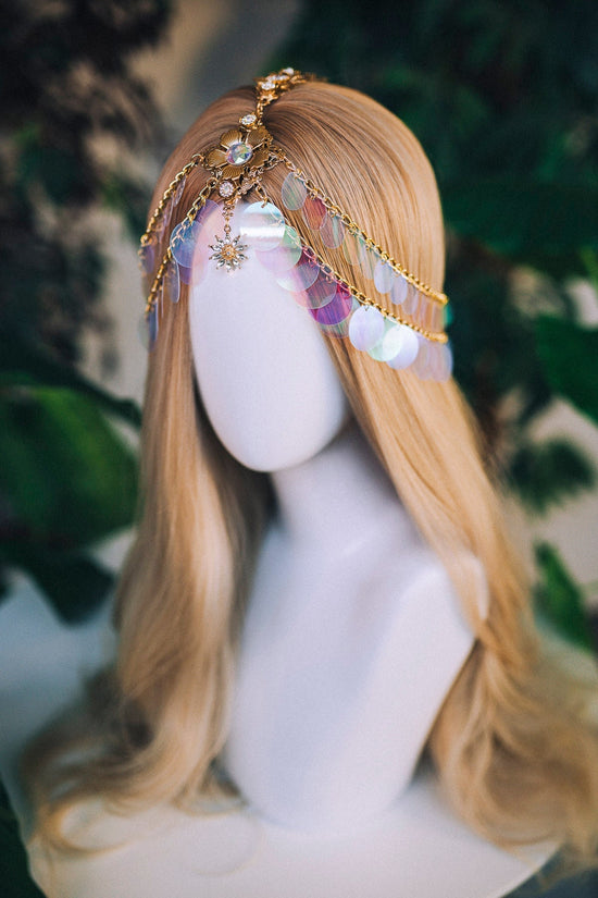 Gold chain headband, Festival headpiece, Boho festival jewellery, Gold festival crown, Sequin jewellery, Holographic crown, Festival crown