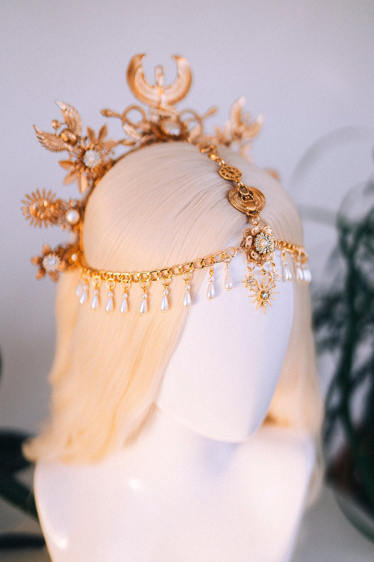 Cleopatra Crown, Egyptian Headpiece, Gold Festival Crown, Boho Chic Halo, Bridal Headpiece, Carnival Costume, Elegant Egyptian Jewelry