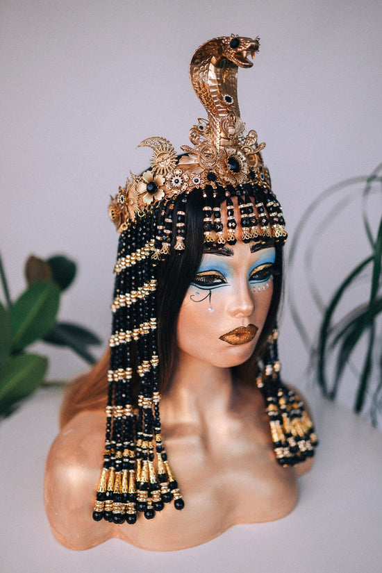 Cleopatra Black Crown, Egyptian Gold Crown, Regal Headpiece, Carnival Cleopatra Crown, Mardi Gras Costume, Halloween Cleopatra Costume