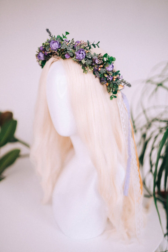 Purple flower crown, Greenery flower crown, Flower hair wreath, Wedding crown, Bridal crown, Flower crown, Flower headband, Boho style