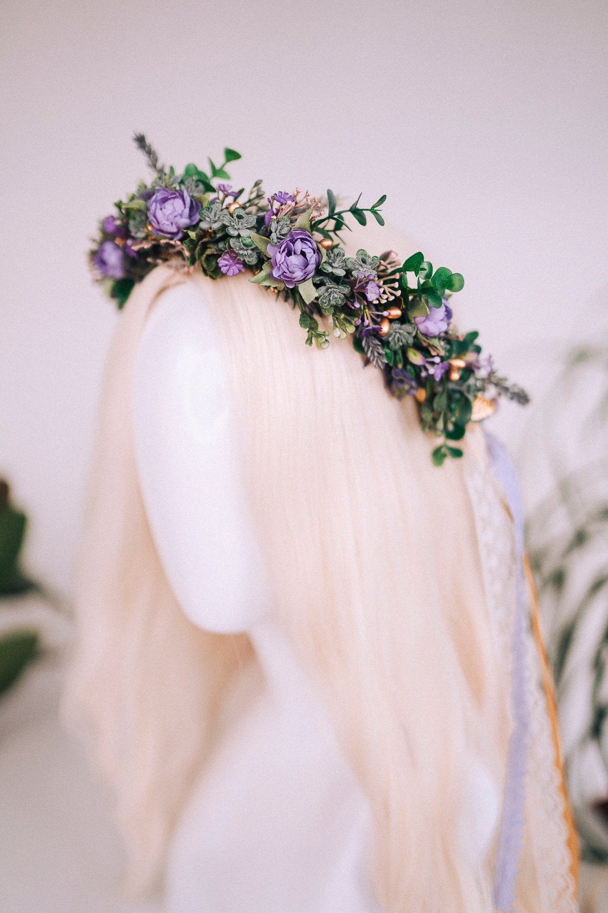 Purple flower crown, Greenery flower crown, Flower hair wreath, Wedding crown, Bridal crown, Flower crown, Flower headband, Boho style