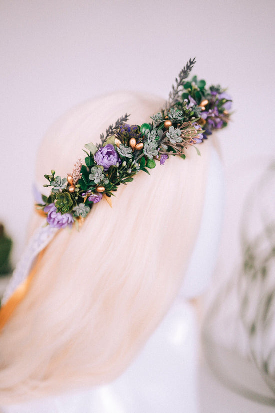 Purple flower crown, Greenery flower crown, Flower hair wreath, Wedding crown, Bridal crown, Flower crown, Flower headband, Boho style