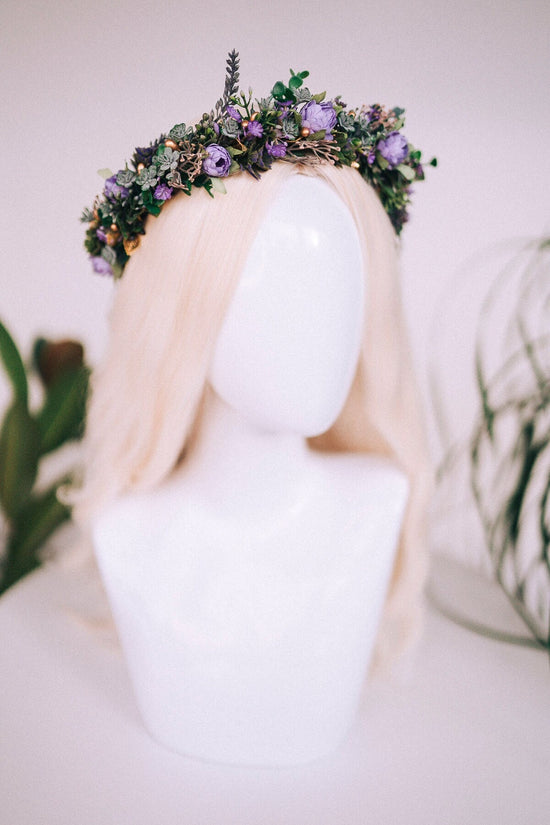 Purple flower crown, Greenery flower crown, Flower hair wreath, Wedding crown, Bridal crown, Flower crown, Flower headband, Boho style